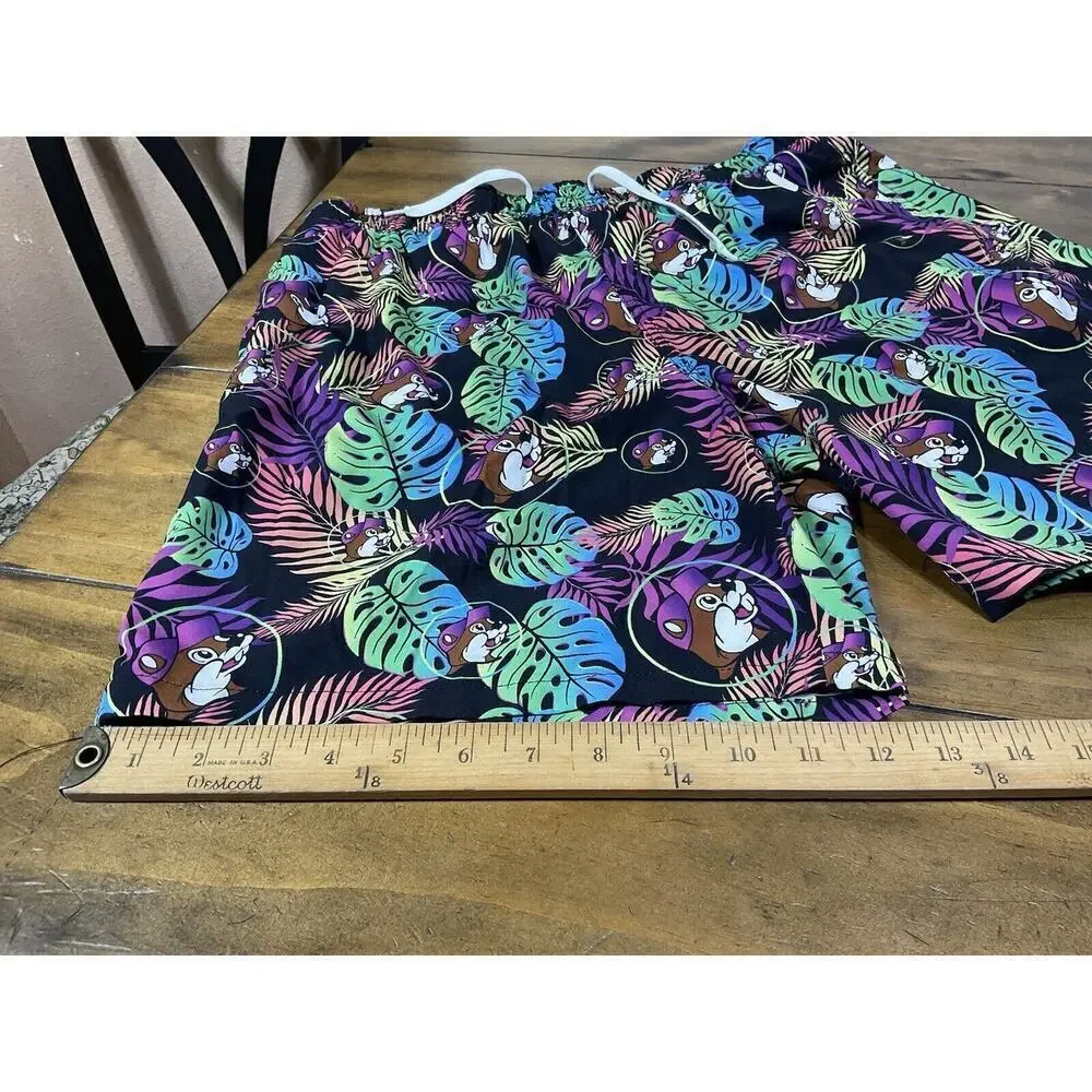 Buc-ees Swim Trunks Mens Size Medium Black Logo All Over Print Floral